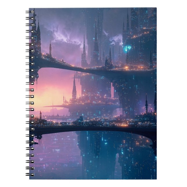 Caderno Espiral Futuristic Cityscape at Dusk (Frente)