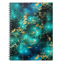 Caderno Espiral Galáxia de Mármore Verde e Dourado em Aquarela Des