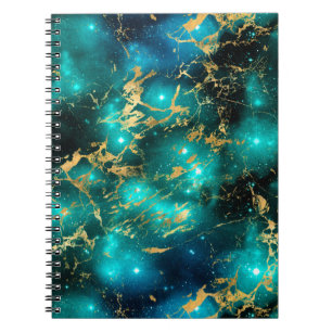 Caderno Espiral Galáxia de Mármore Verde e Dourado em Aquarela Des