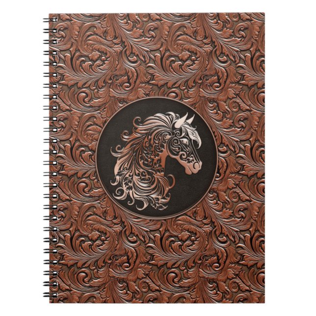 Caderno Espiral Galinha castanha, cabeça de cavalo de couro floral (Frente)