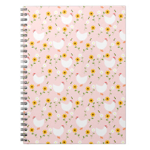 Caderno Espiral Galinhas Brancas Florais no Notebook Rosa