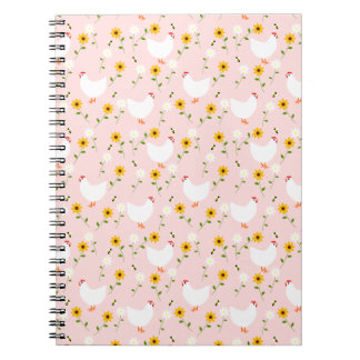 Caderno Espiral Galinhas Brancas Florais no Notebook Rosa