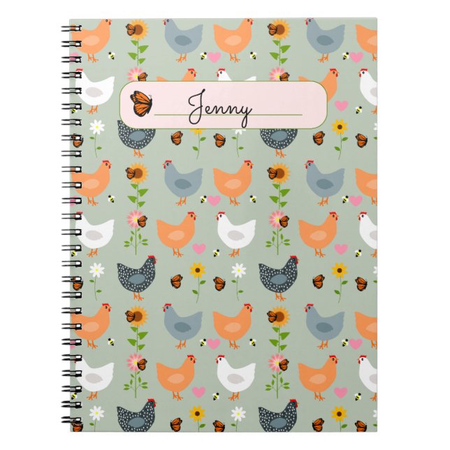 Caderno Espiral Galinhas nas Flores Personalizadas (Frente)