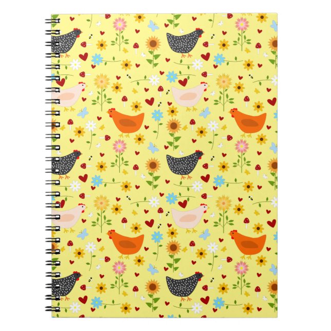 Caderno Espiral Galinhas no Jardim com Flores e Insetos (Frente)