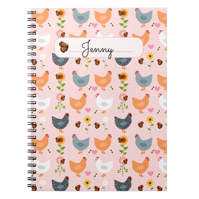 Caderno Espiral Galinhas no notebook personalizado rosa-flores (Frente)