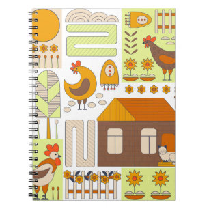 Caderno Espiral Galo, galinhas, desenho floral geométrico.