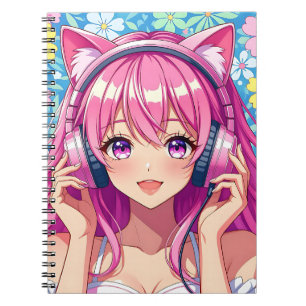Caderno Espiral Garota Anime Rosa Fofa com Fones de Ouvido