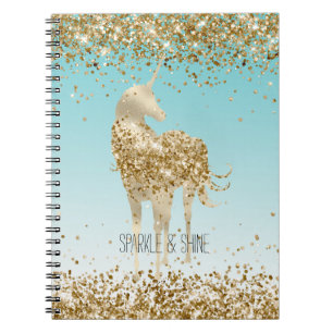 Caderno Espiral Garota Aqua Dourada Confetti Glitter Unicórnio