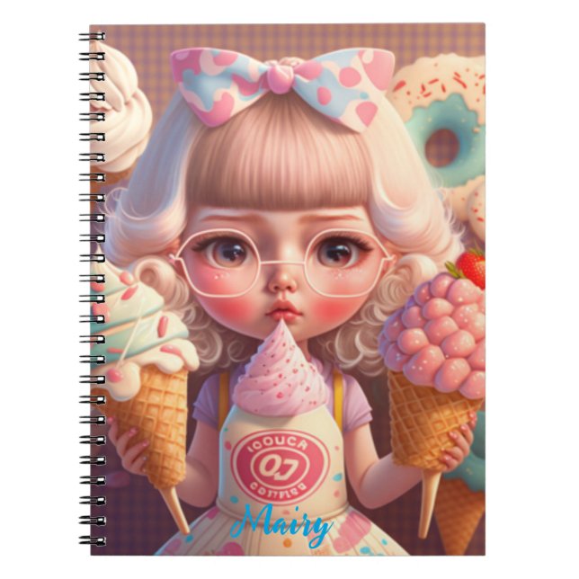 Caderno Espiral Garota bonita Kawaii com sorvete notebook (Frente)