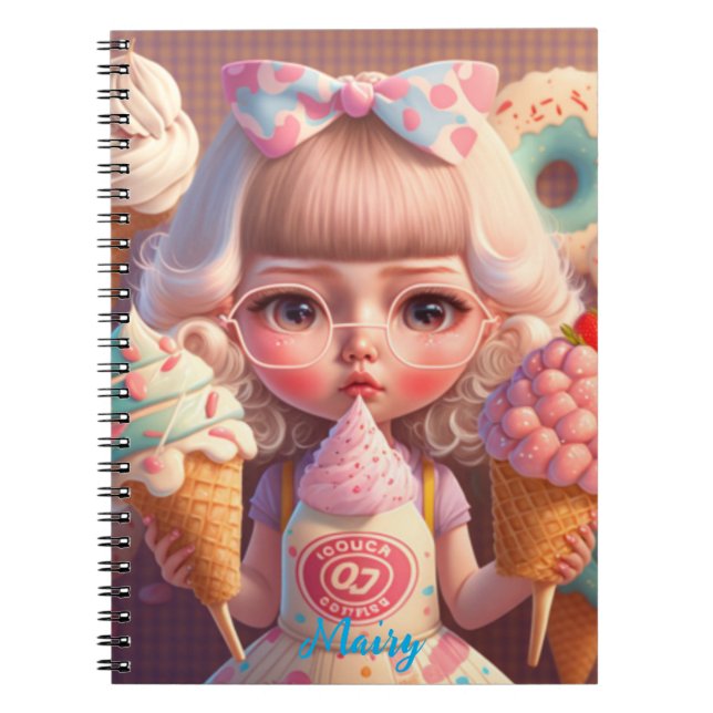 Caderno Espiral Garota bonita Kawaii com sorvetes (Frente)