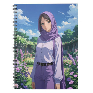 Caderno Espiral Garota bonito Vestindo Scarf Roxo