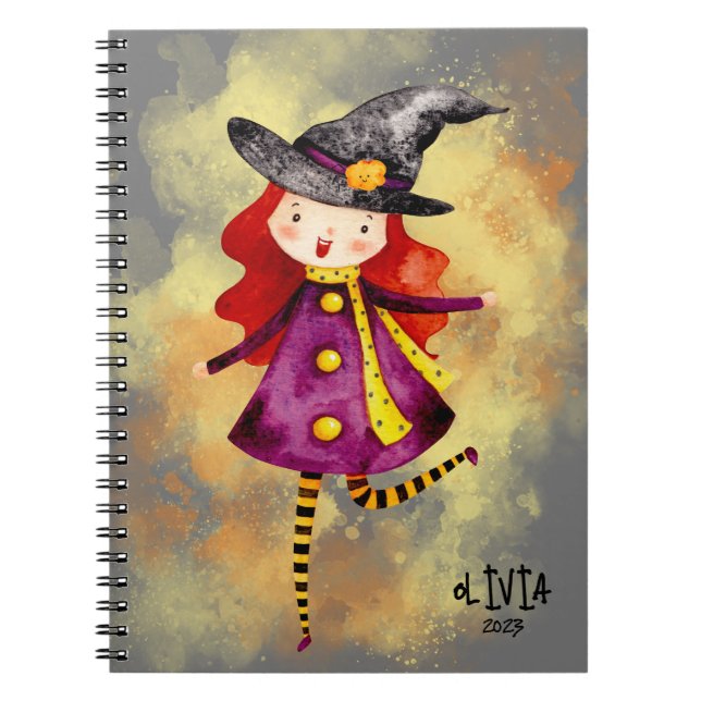 Caderno Espiral Garota da Bruxa de Halloween Stellalunarts (Frente)