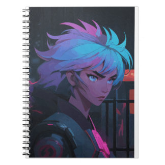 Caderno Espiral Garota de Anime Cyberpunk com Cabelo Neon – Futuri