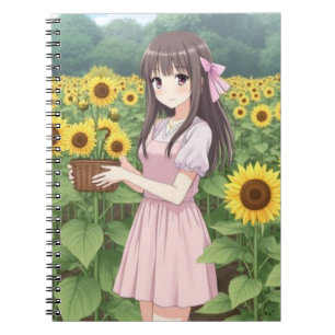 Caderno Espiral Garota Kawaii de Anime no Jardim de Girassóis