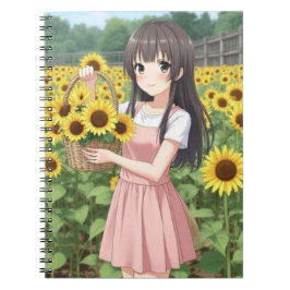 Caderno Espiral Garota Kawaii de Anime no Jardim de Girassóis