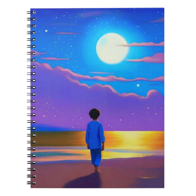 Caderno Espiral Garoto na praia, olhando na lua (Frente)