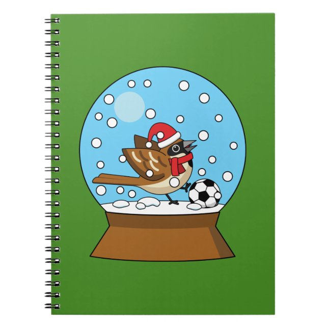 Caderno Espiral Garrafa de Neve com Pardal Fofo Jogando Futebol (Frente)