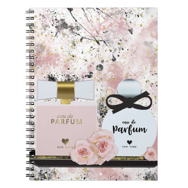 Caderno Espiral Garrafas de perfume de Nova Iorque Douradas e rosa (Frente)