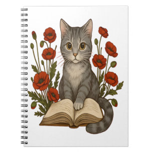 Caderno Espiral Gata Bibliófila � Gata Linda Lendo Com Papoulas Pa