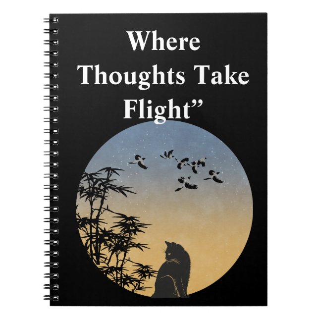 Caderno Espiral Gata preta fofa em céu de lua natural\água (Frente)