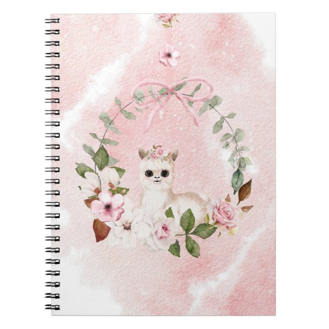 Caderno Espiral Gata Rosa, Rosa, Aquarela Floral Llama Animal (Frente)