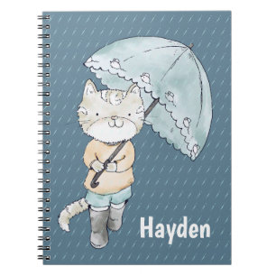 Caderno Espiral Gatinho bonitinho com guarda-chuva na Arte Chuva P
