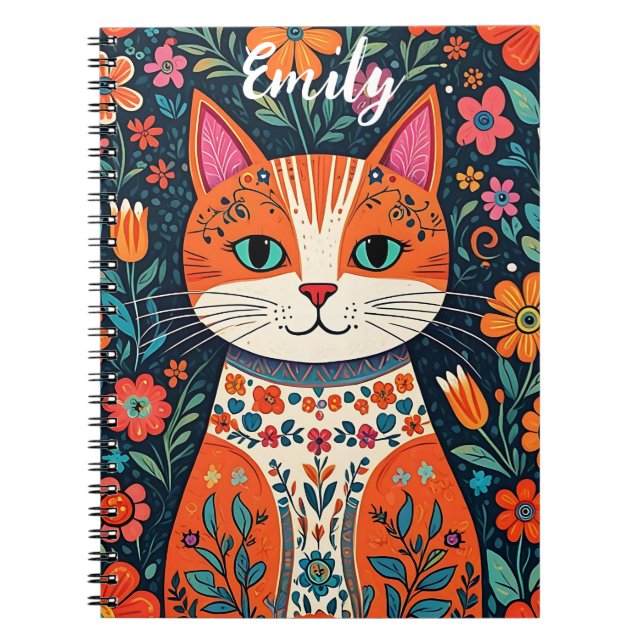 Caderno Espiral Gatinho Bonito com Flores de Arte Folclórica (Frente)