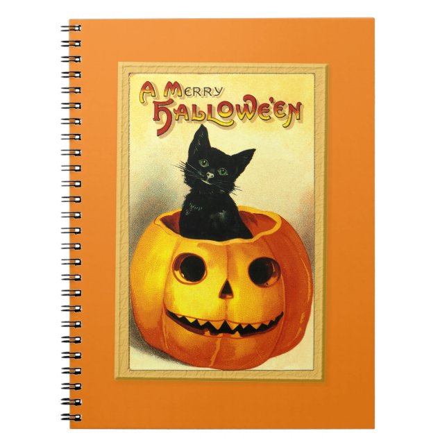 Caderno Espiral Gatinho de Halloween Sentado no Jack O Lantern (Frente)