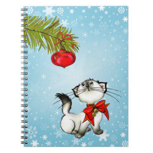 Caderno Espiral Gatinho De Natal Curioso Com Um Arco Vermelho