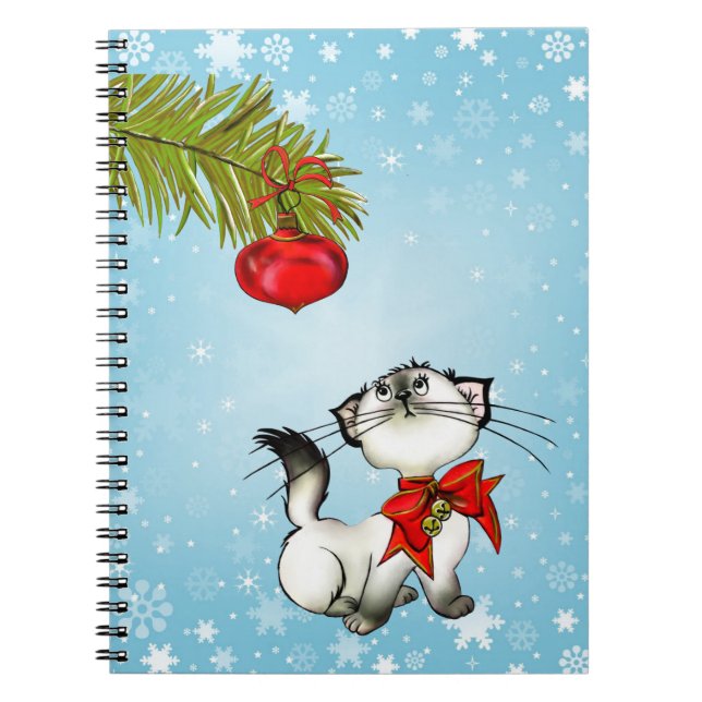 Caderno Espiral Gatinho De Natal Curioso Com Um Arco Vermelho (Frente)
