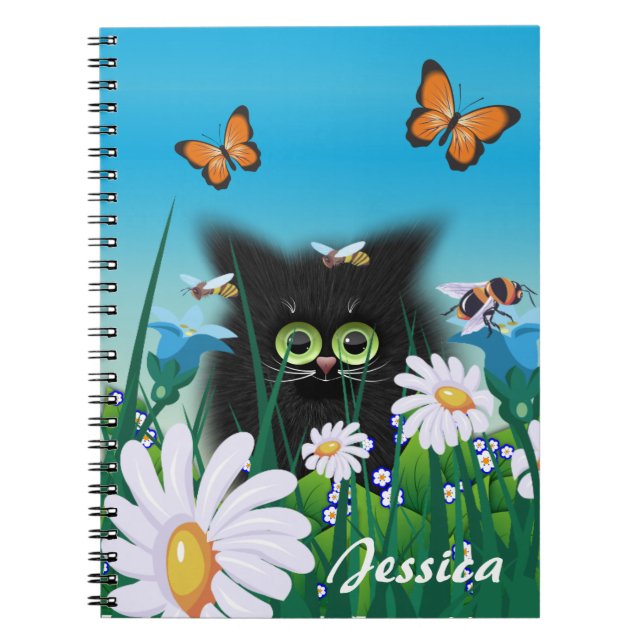 Caderno Espiral Gatinho Gato Preto Bonito com Visitas Personalizad (Frente)