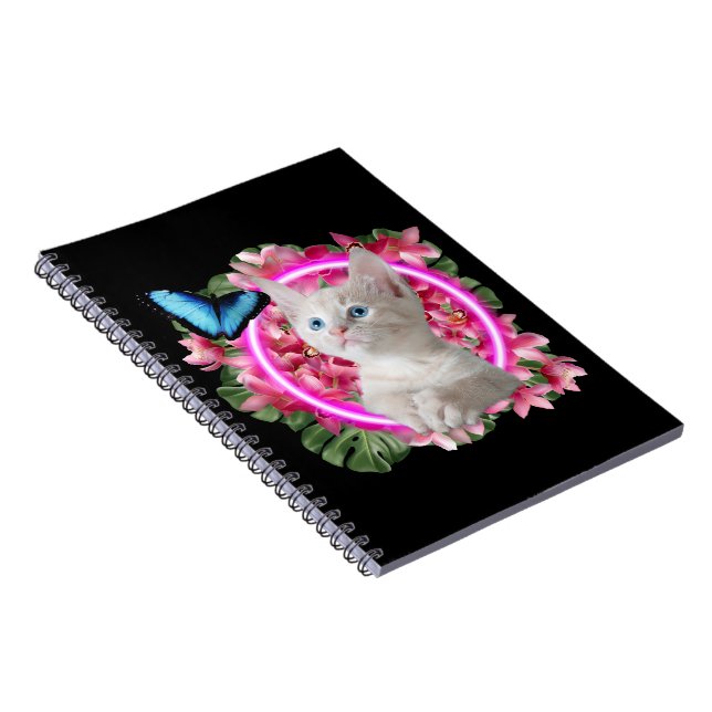 Caderno Espiral Gatinho Gelado com borboleta azul em neon tropical (Lado Direito)