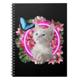 Caderno Espiral Gatinho Gelado com borboleta azul em neon tropical