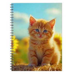 Caderno Espiral Gatinho Gengibre Adorável em Campo de Girassóis