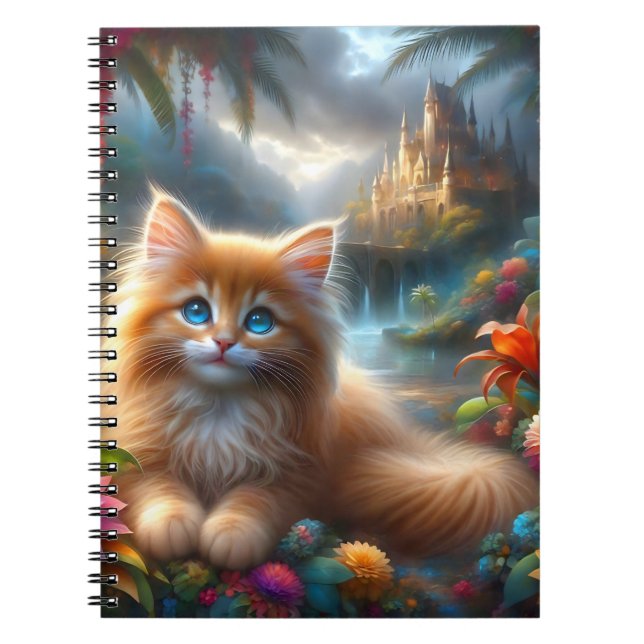 Caderno Espiral Gatinho Ruivo Fofo no Paraíso Tropical Fantasia (Frente)