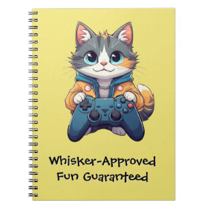 Caderno Espiral Gatinho Segurando Controle de Jogo Gamer Feliz Gat