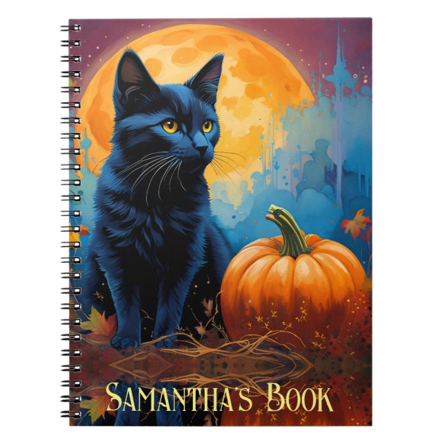 Caderno Espiral Gatinhos Negros Pumpkin Cheia Folhas de outono (Frente)