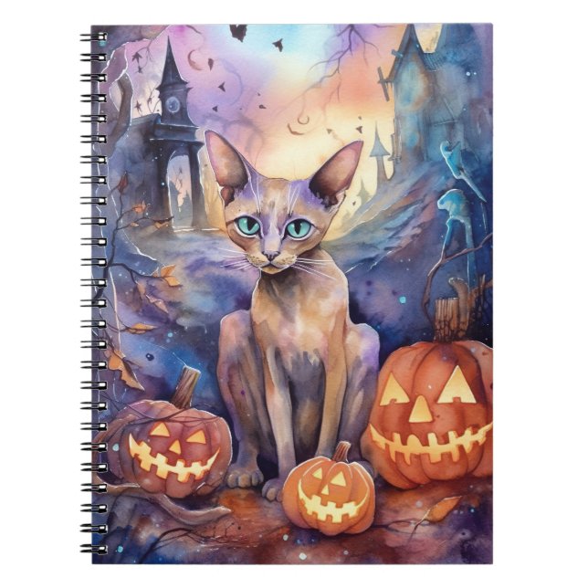 Caderno Espiral Gato Abissino Do Halloween Com Pumpkins Assustado (Frente)