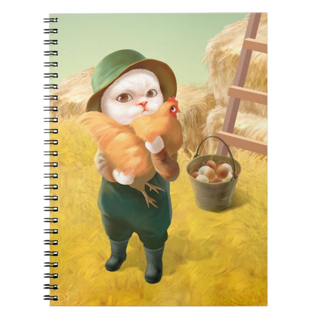 Caderno Espiral Gato Adorável com Hen na Fazenda (Frente)