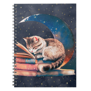 Caderno Espiral Gato Adorável na Lua Lendo Um Livro