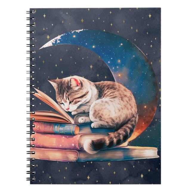 Caderno Espiral Gato Adorável na Lua Lendo Um Livro (Frente)