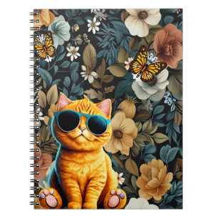 Caderno Espiral Gato Amarelo e Borboletas em Fundo Floral
