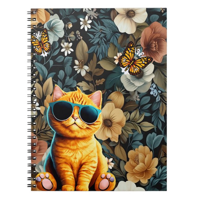Caderno Espiral Gato Amarelo e Borboletas em Fundo Floral (Frente)