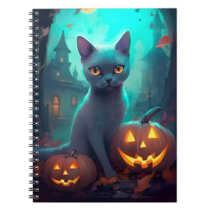 Caderno Espiral Gato Azul Russo de Halloween com Abóboras Assustad