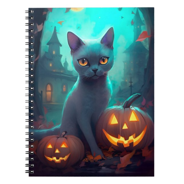 Caderno Espiral Gato Azul Russo Halloween Com Pumpkins Assustado (Frente)