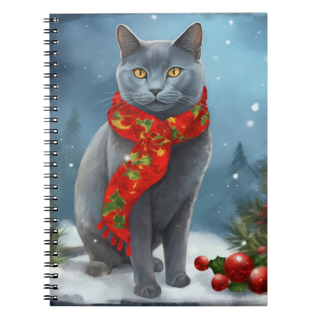 Caderno Espiral Gato Azul russo no Natal da neve (Frente)