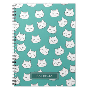 Caderno Espiral Gato Bonito Enfrenta Padrão Verde Personalizado