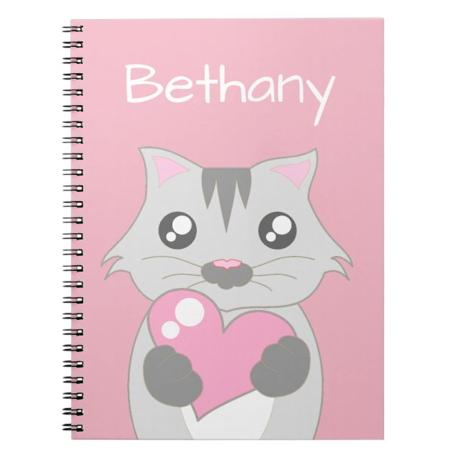 Caderno Espiral Gato Bonito Segurando Coração Rosa Personalizado (Frente)