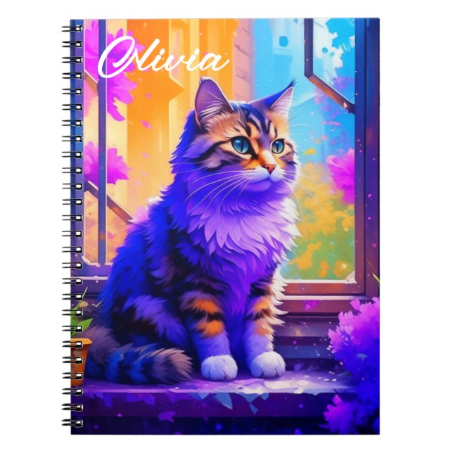 Caderno Espiral Gato Bonito Sentado em Arte Windows Ai (Frente)