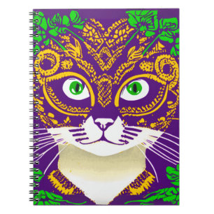 Caderno Espiral Gato bonito Vestindo uma Máscara Mardi Gras
